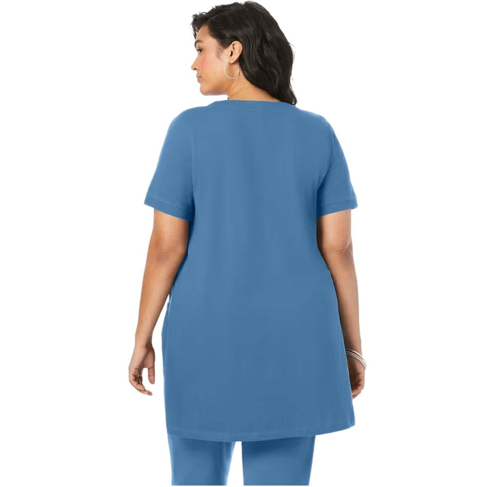 Dusty indigo knit tunic with two front pockets and relaxed tunic silhouette