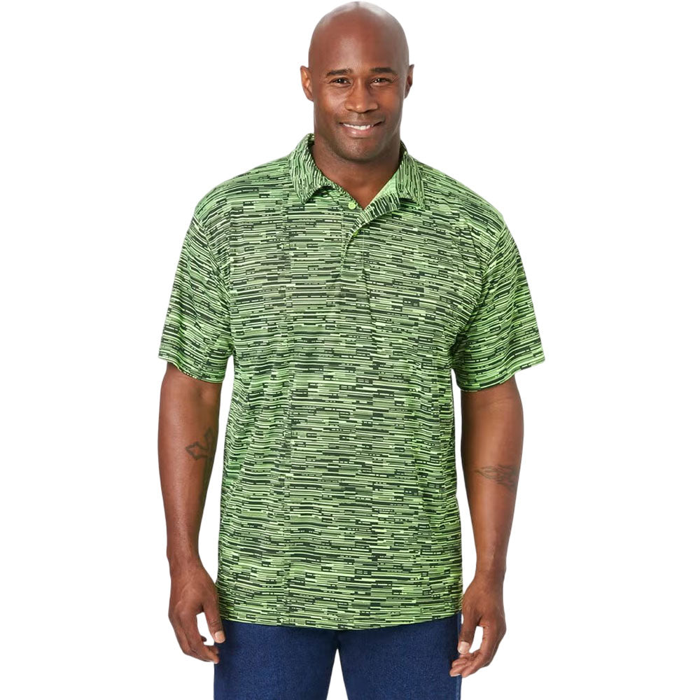 Plus-size men’s moisture-wicking polo shirt with three-button placket and relaxed fit, designed for comfort during active or casual wear.