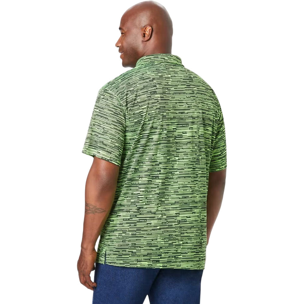 Plus-size men’s moisture-wicking polo shirt with three-button placket and relaxed fit, designed for comfort during active or casual wear.