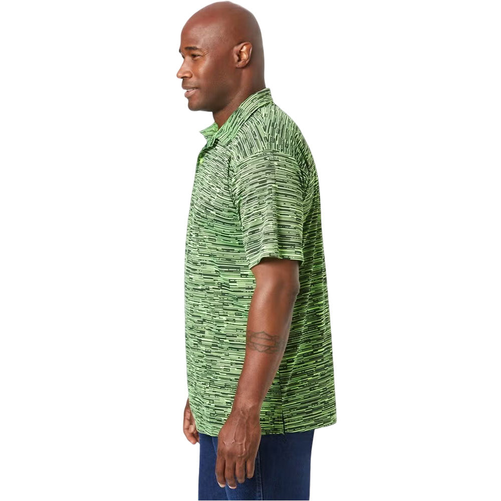 Plus-size men’s moisture-wicking polo shirt with three-button placket and relaxed fit, designed for comfort during active or casual wear.