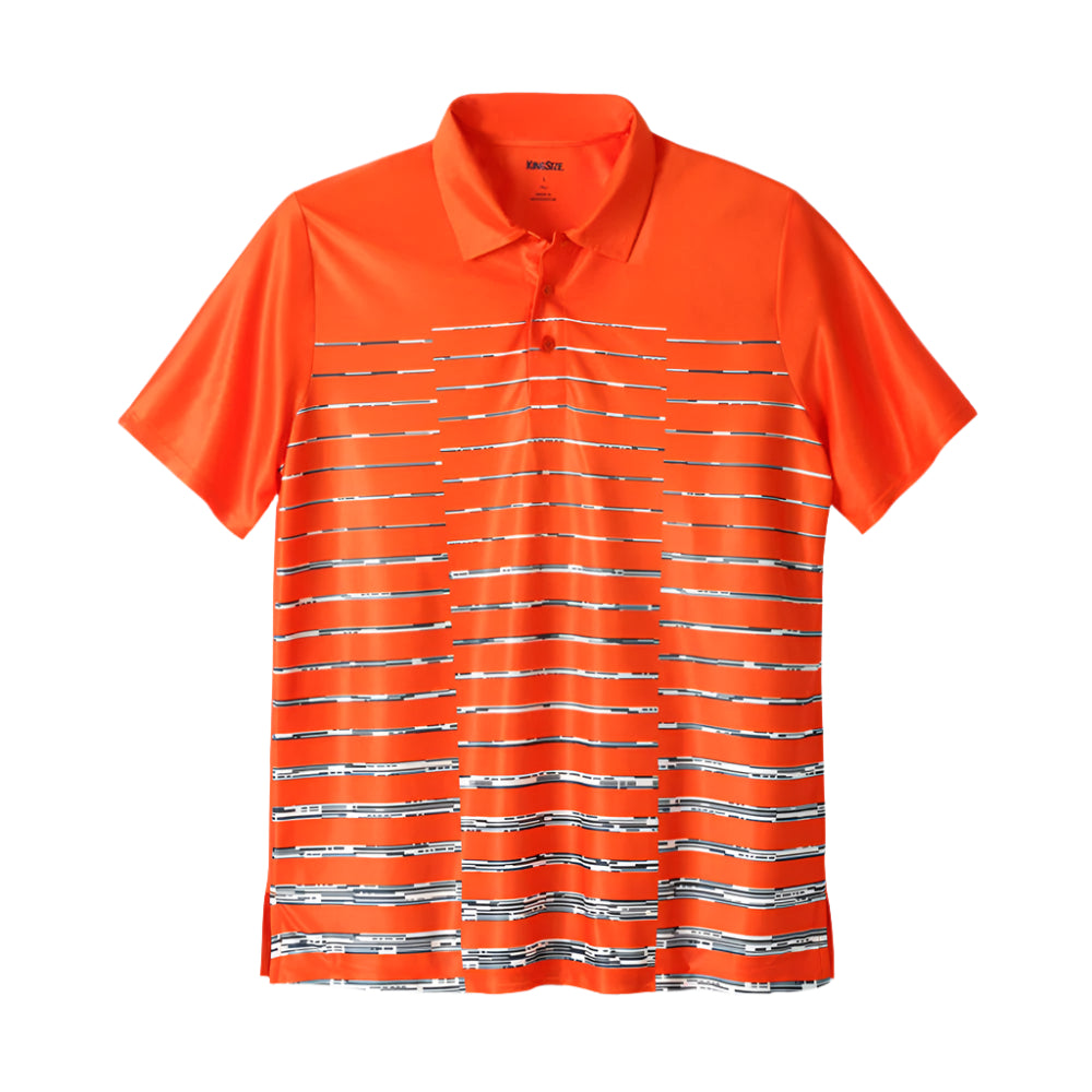 Man wearing an Electric Orange polo shirt with a digital ombre stripe pattern across the front. The shirt features short sleeves, a soft collar, and moisture-wicking performance fabric.