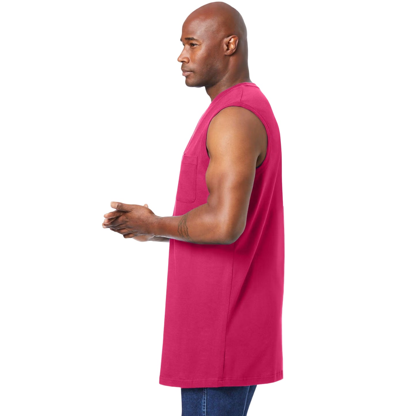 Electric Pink Sleeveless Muscle Tee with chest pocket and ribbed crewneck