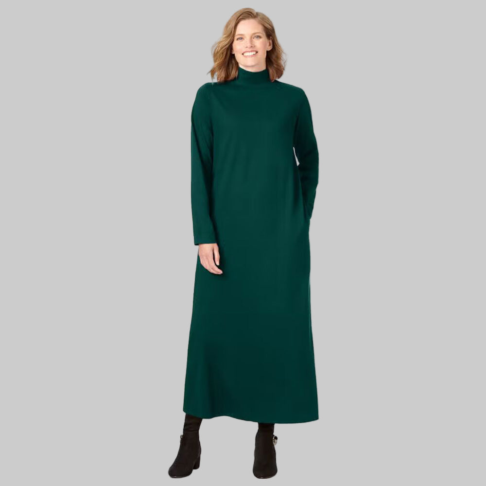 Plus-size woman wearing Emerald Green Mockneck Dress with long sleeves