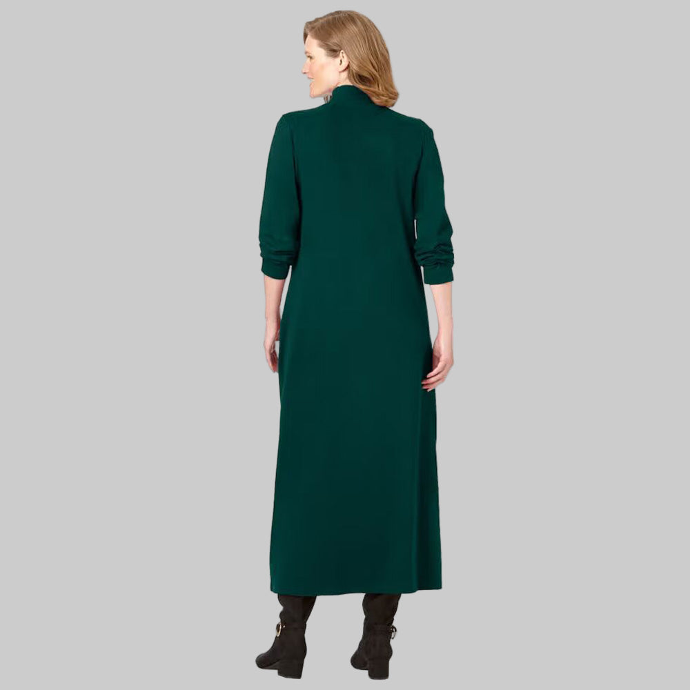 Plus-size woman wearing Emerald Green Mockneck Dress with long sleeves