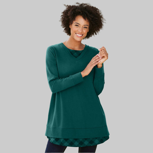 Emerald Green Plaid Layered Look Sweatshirt with printed plaid inset and rib trim — soft cotton-blend plus size top for casual comfort.
