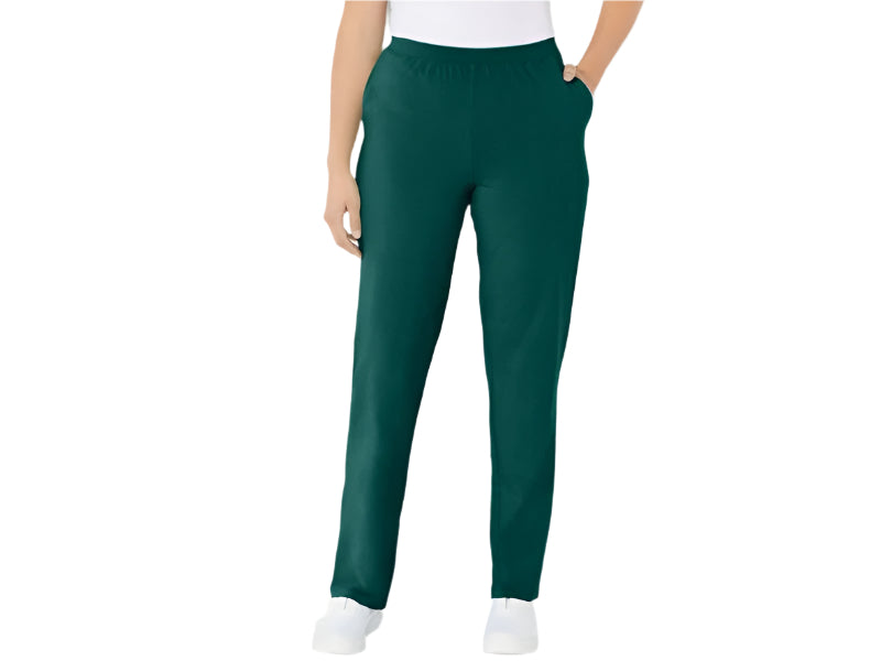 Plus size emerald green stretch cotton pull-on pants with elastic waistband, side pockets, and straight leg – women’s cotton spandex pants