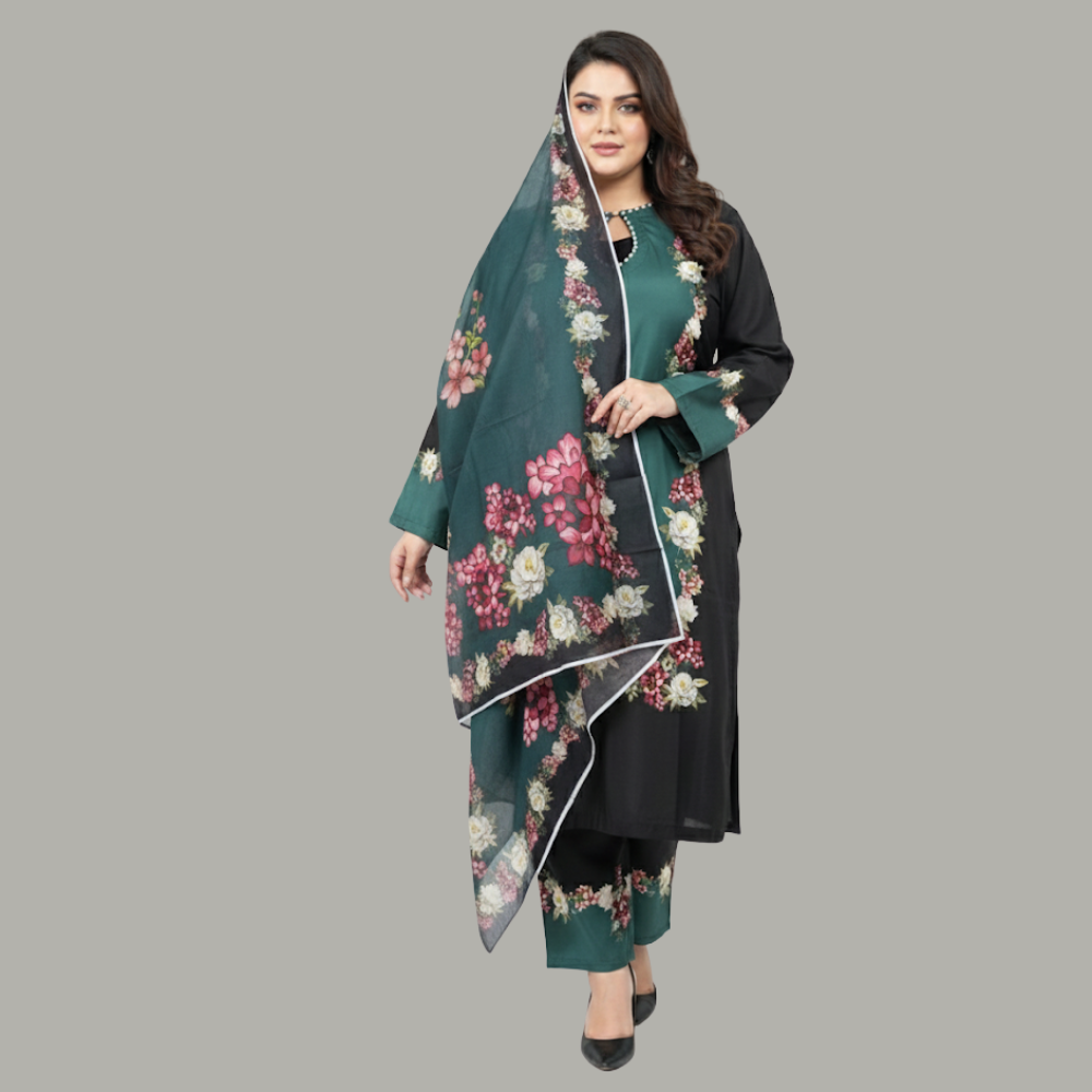 Emerald Noir Floral 3-Piece Cotton Silk Suit PSW-10095