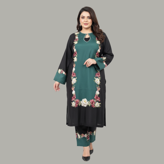 Emerald Noir Floral 3-Piece Cotton Silk Suit PSW-10095