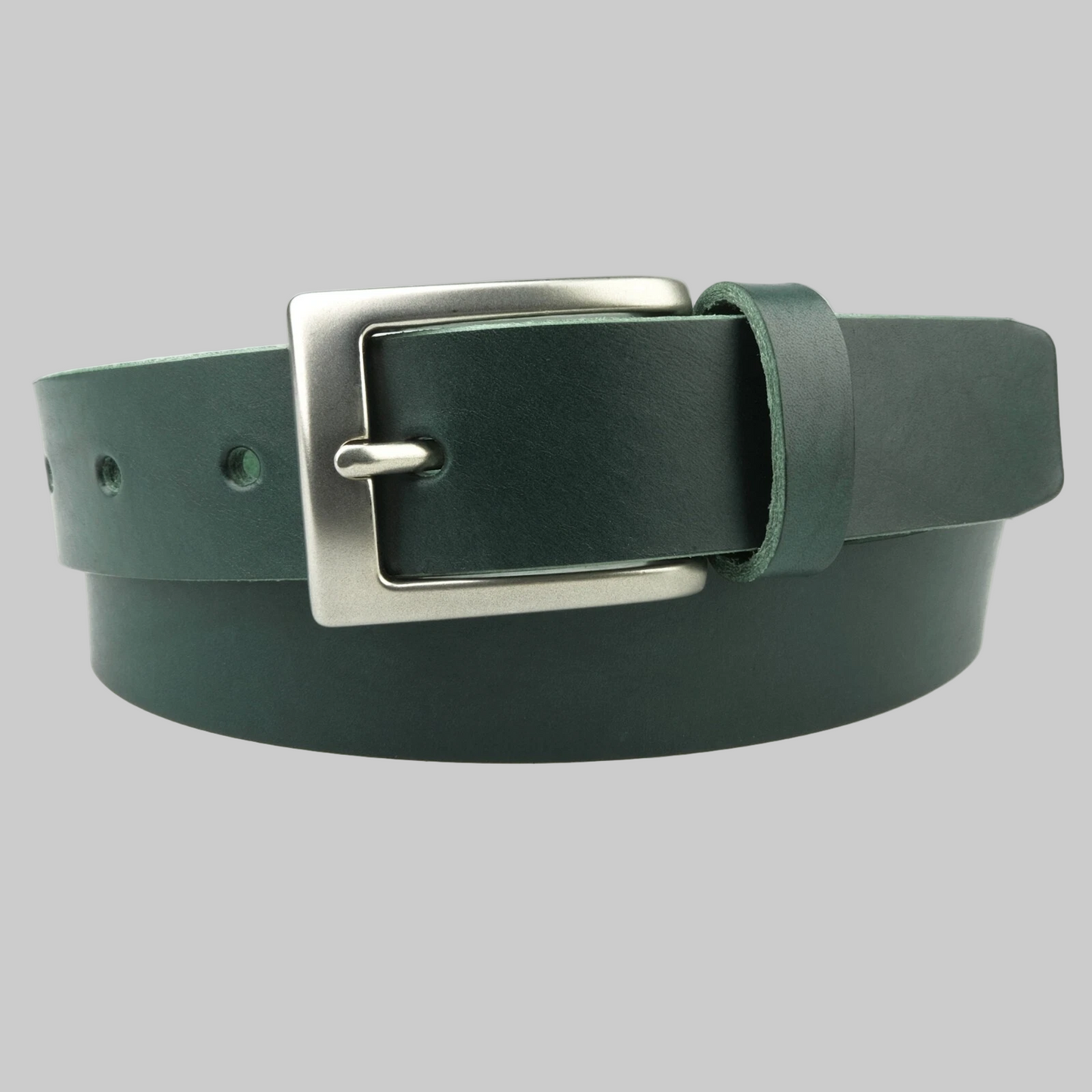 Emerald green plus-size genuine leather belt with matte silver buckle, smooth finish, and durable wide strap, displayed on a white background.