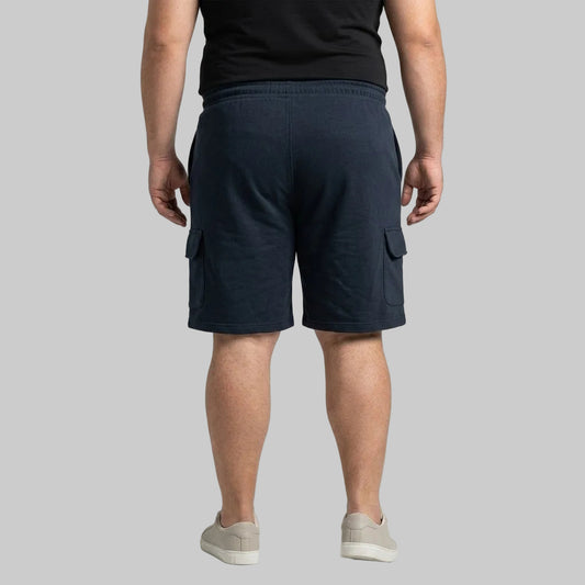 Essential Navy Terry Cargo Shorts made from soft terry fabric with cargo pockets and an elastic drawstring waistband for comfortable everyday wear.