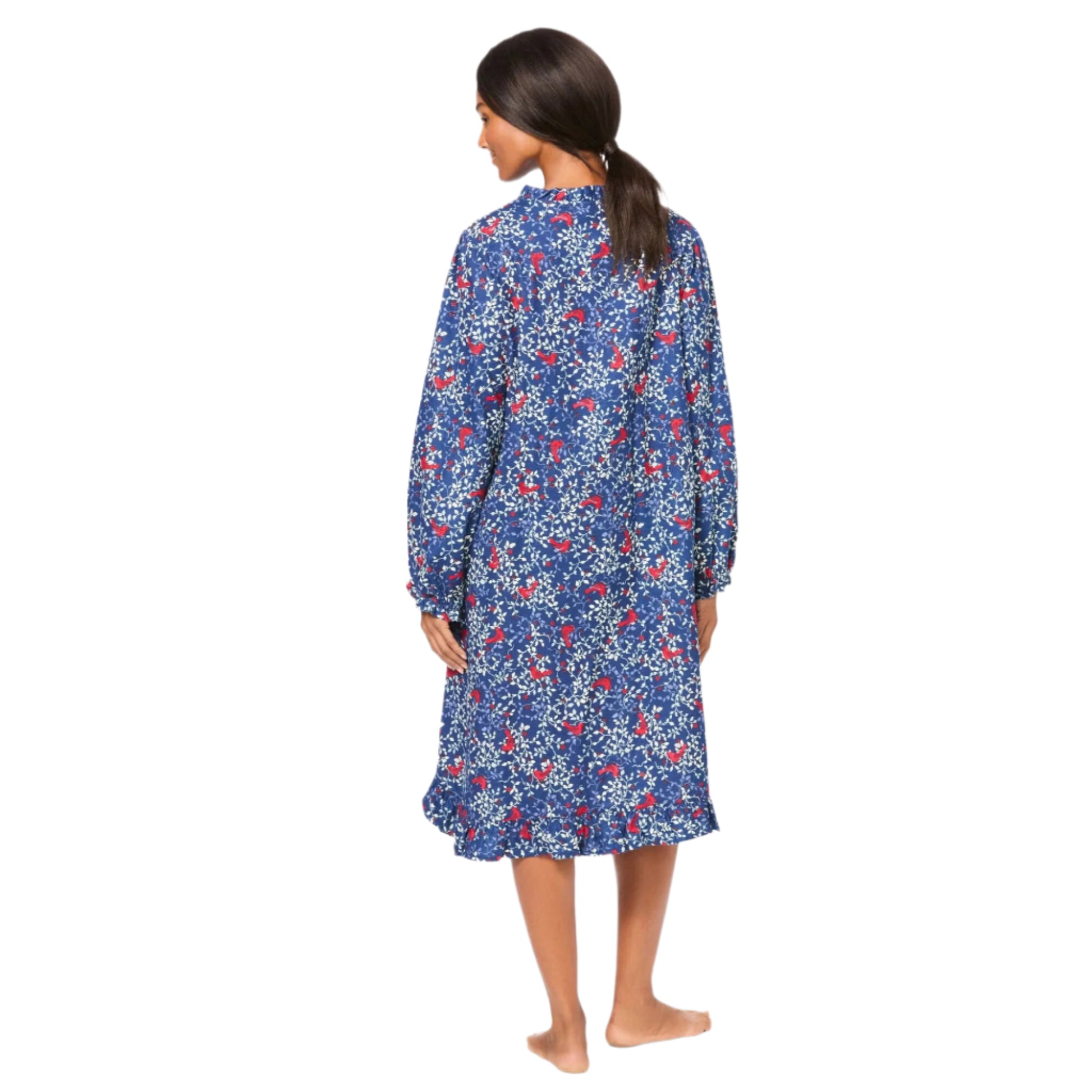Plus size evening blue cotton flannel short gown with red cardinal print – soft breathable sleepwear for women