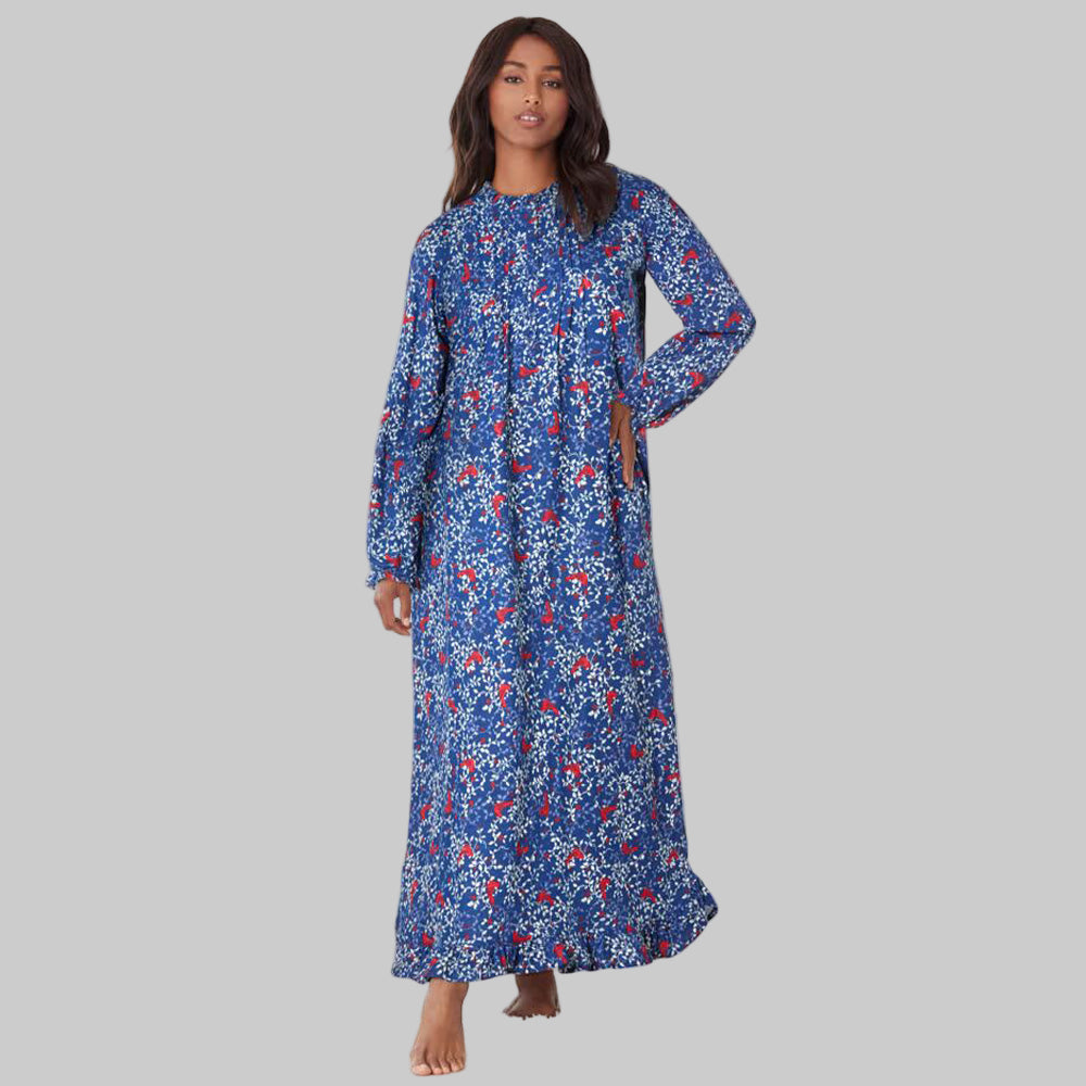 Women’s Evening Blue Cardinals Long Flannel Nightgown with bib front, ruffled sleeves, and maxi length.
