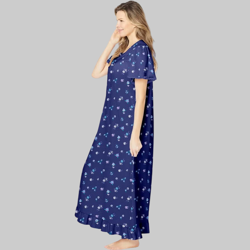 Evening blue floral print long cotton nightgown with lace-trimmed yoke