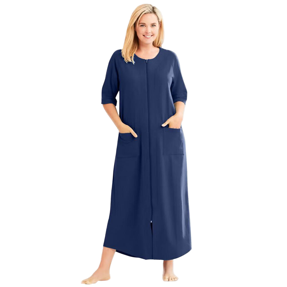 Flat-lay of Evening Blue Long French Terry Robe on neutral background