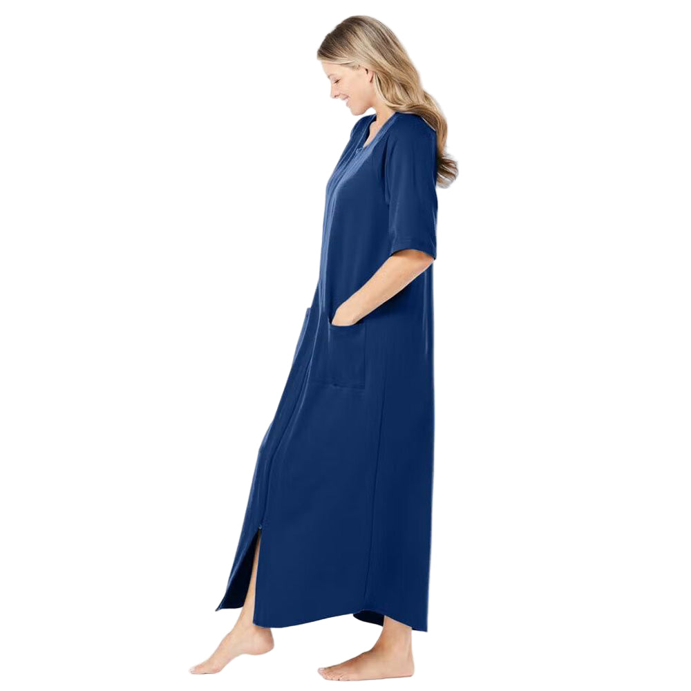 Flat-lay of Evening Blue Long French Terry Robe on neutral background