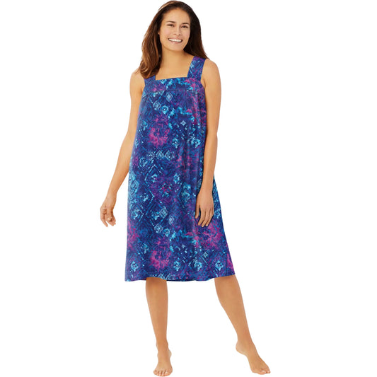 Evening Blue Tie Dye Sleeveless Square Neck Lounger with shirred yoke, elastic back, side pockets, and 42-inch length – women’s loungewear.