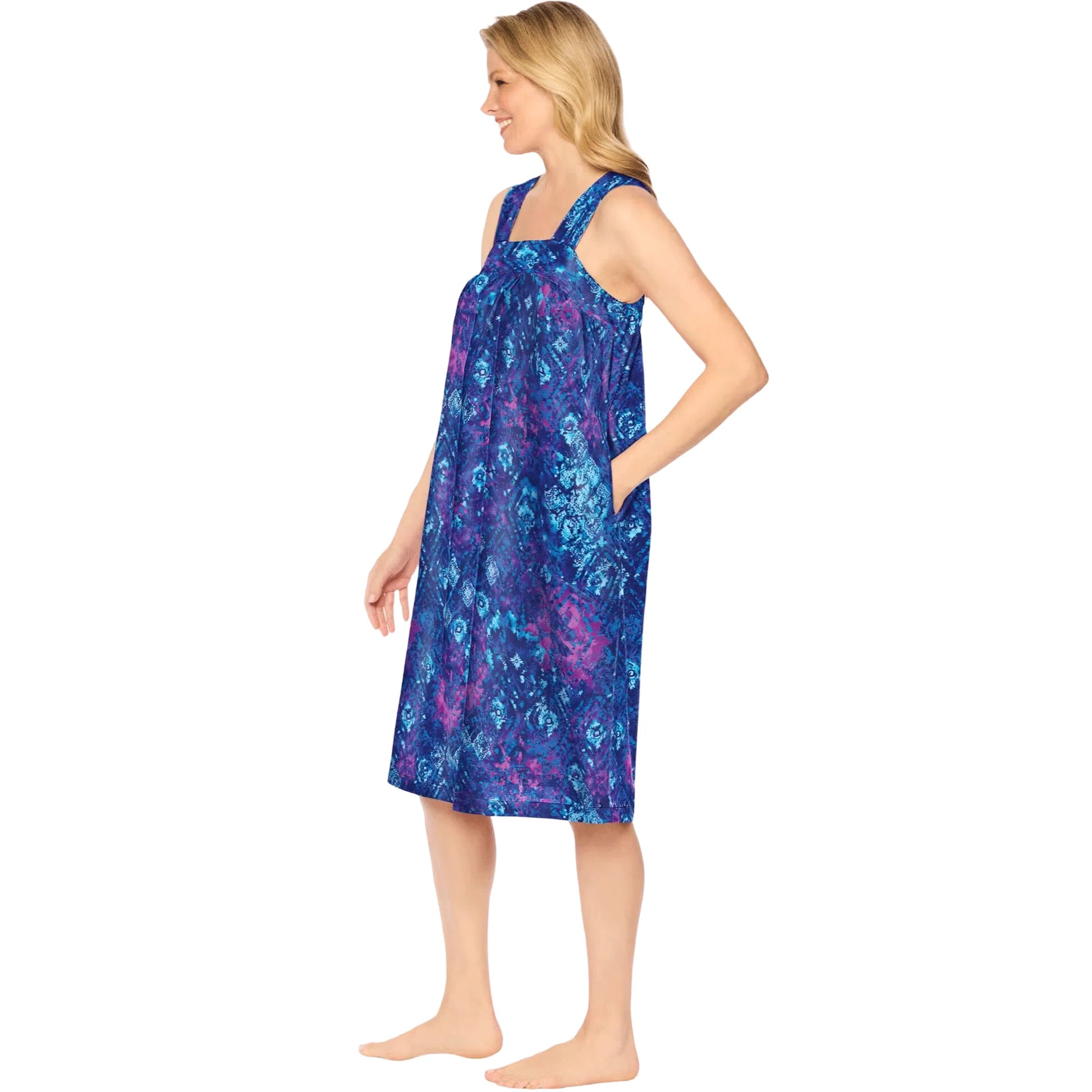 Evening Blue Tie Dye Sleeveless Square Neck Lounger with shirred yoke, elastic back, side pockets, and 42-inch length – women’s loungewear.
