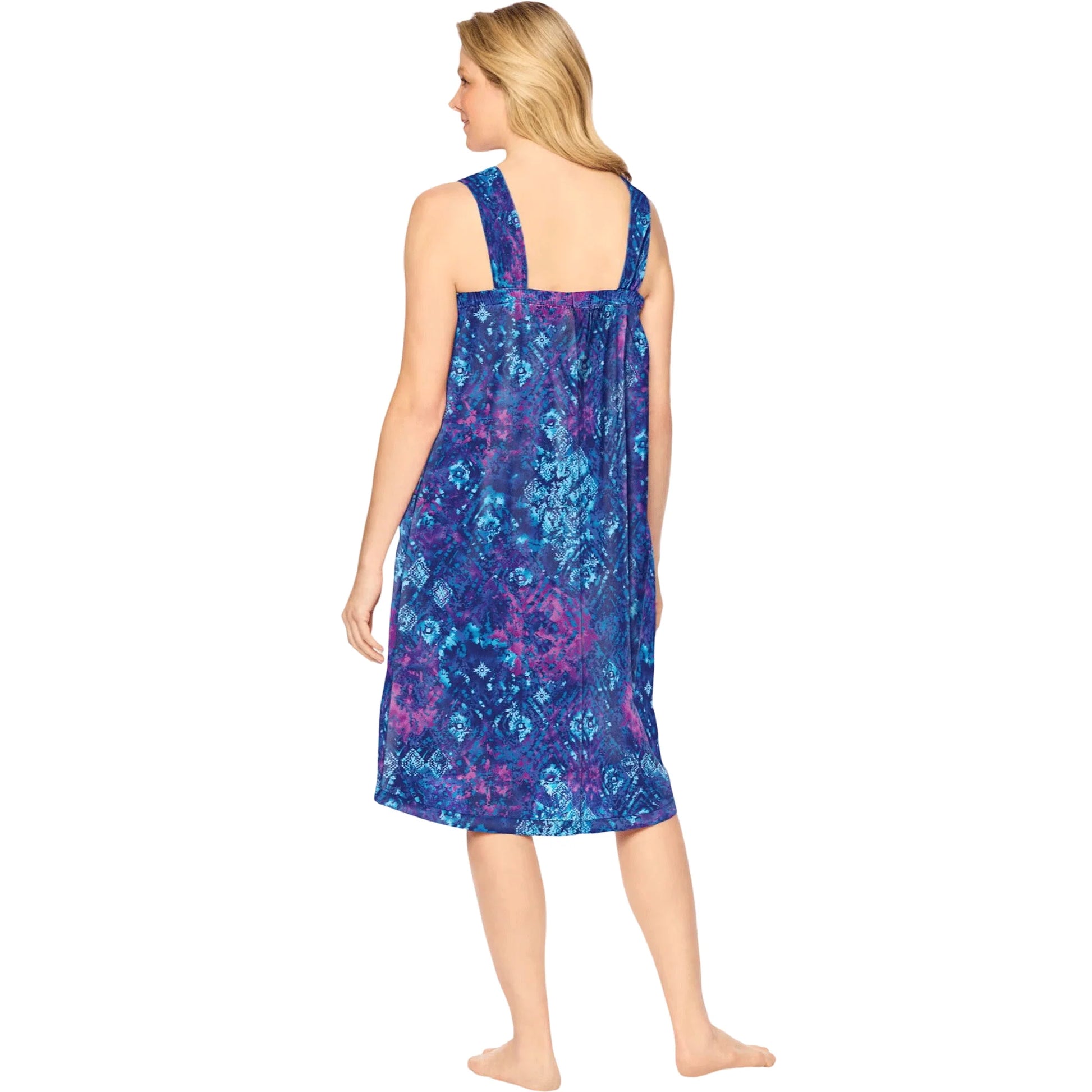Evening Blue Tie Dye Sleeveless Square Neck Lounger with shirred yoke, elastic back, side pockets, and 42-inch length – women’s loungewear.