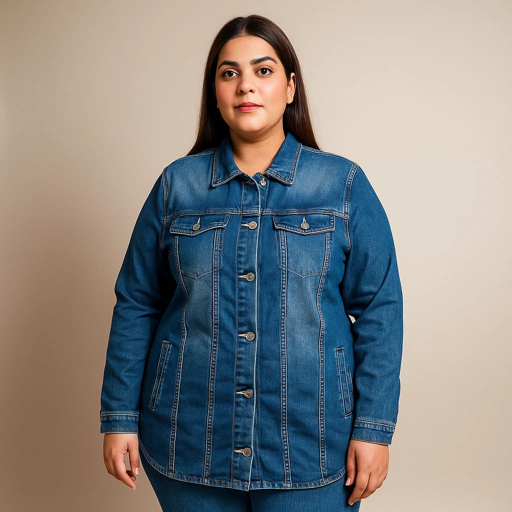Plus-size woman wearing a light indigo longline utility denim jacket with front buttons and chest pockets
