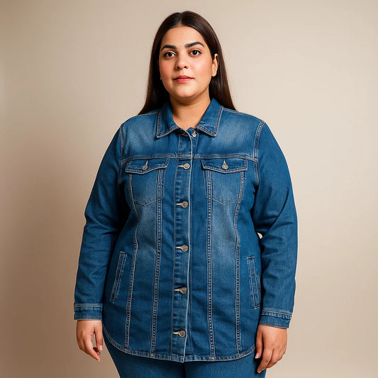 Plus-size woman wearing a light indigo longline utility denim jacket with front buttons and chest pockets