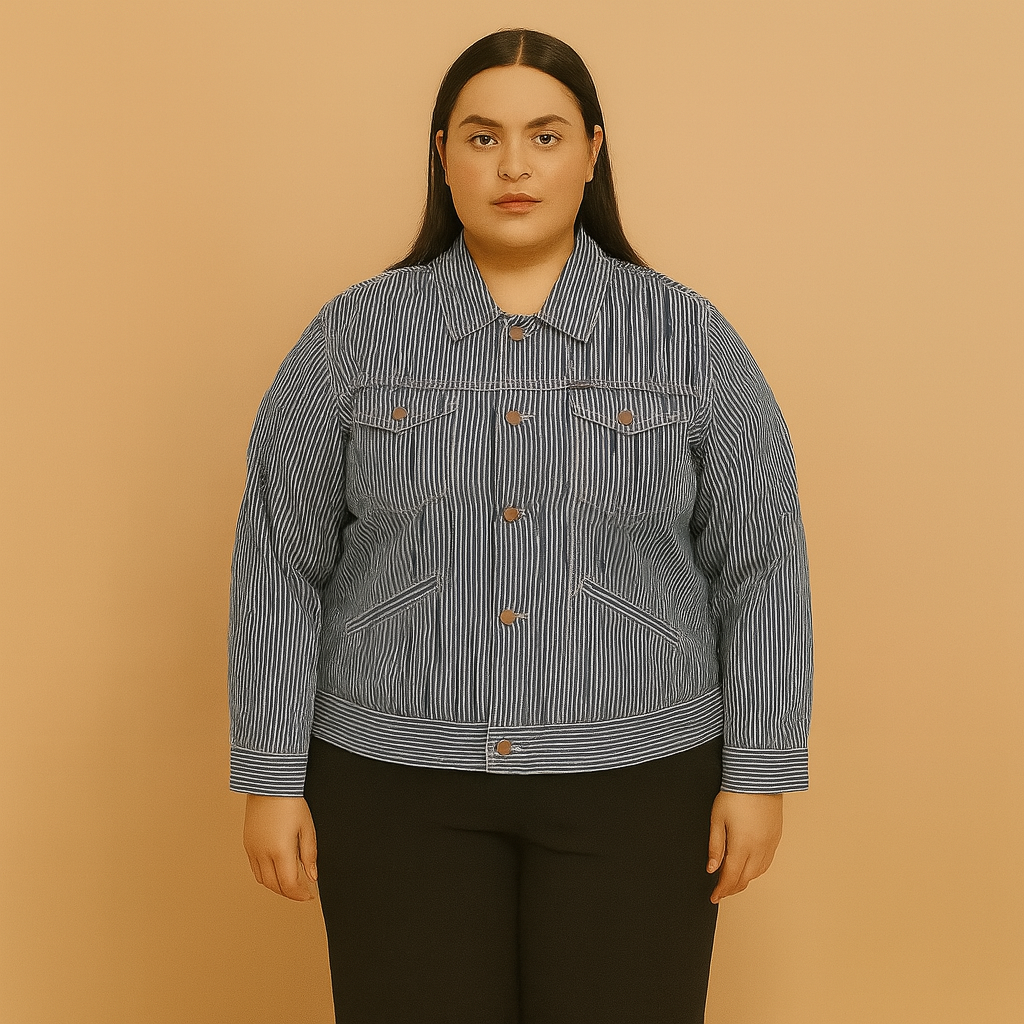 Plus-size woman wearing a vintage blue striped jean jacket with chest pockets and button closure