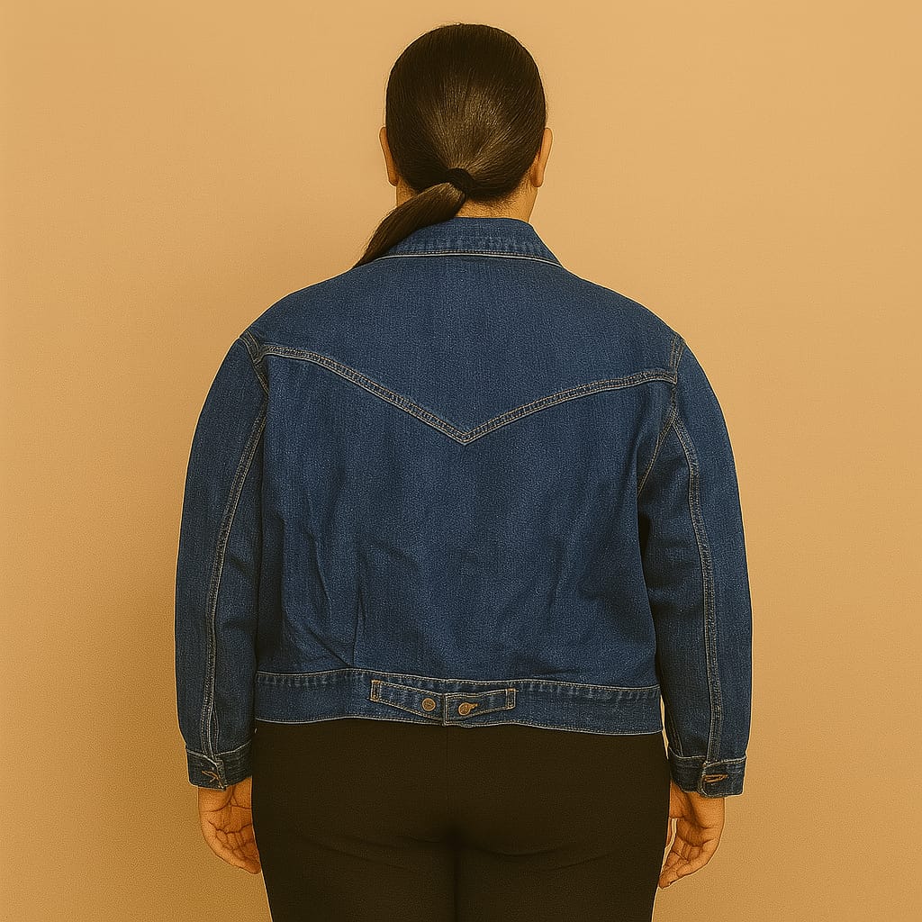 Plus-size woman wearing a true indigo western jean jacket with W-stitch chest pockets