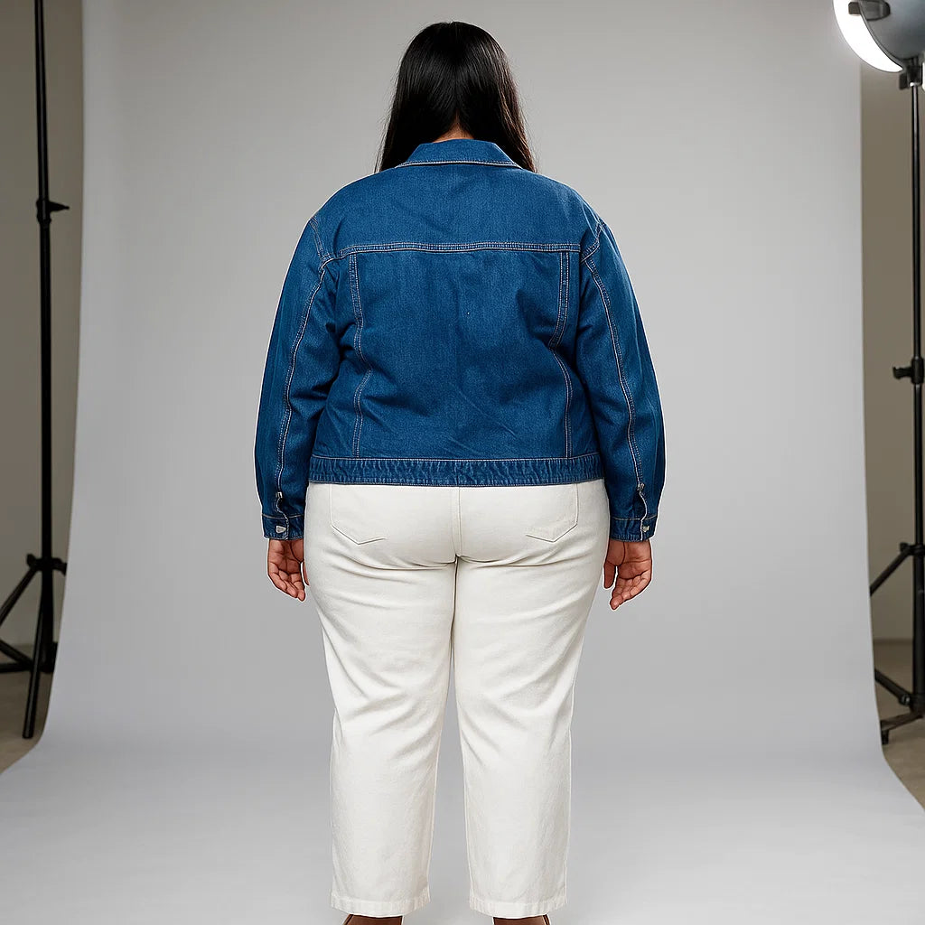 Plus-size woman wearing indigo denim jacket with oversized utility pockets and button front