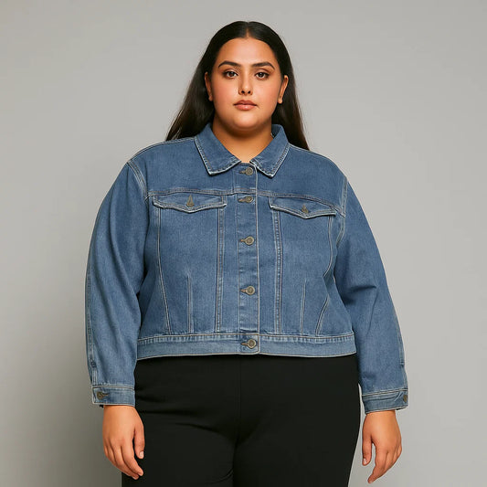 Plus-size woman wearing a soft indigo denim jacket with chest pockets and button-down front