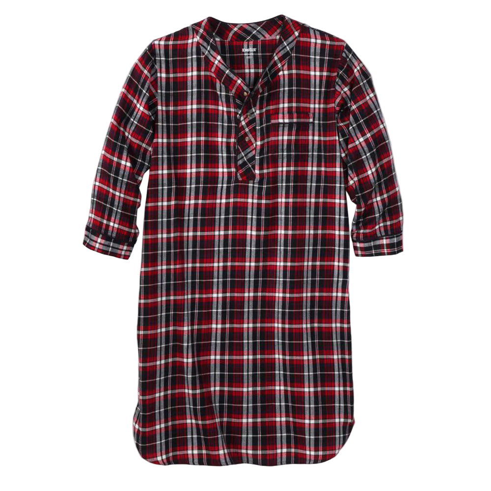 Men’s Festive Plaid Flannel Nightshirt with Y-front 3-button closure, tonal piping trim, chest pocket, and shirttail hem in soft brushed cotton.