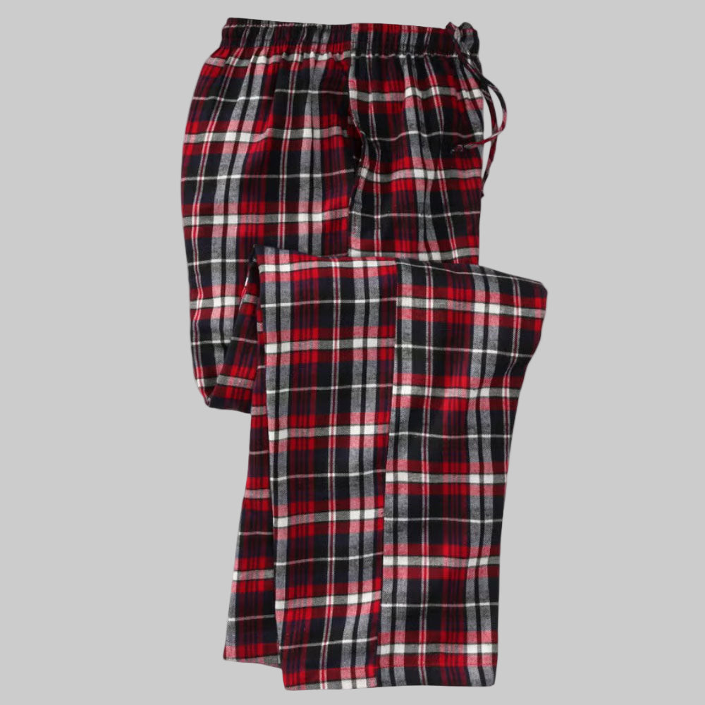 Festive plaid flannel pajama pants in red and green pattern, relaxed fit with elastic drawstring waist and side pockets, displayed flat on a white background.