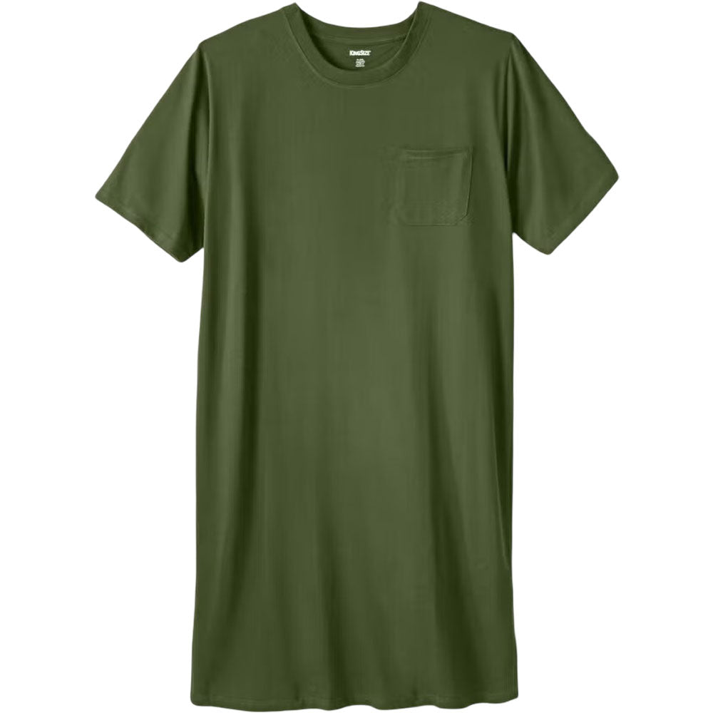 Forest green cotton nightshirt laid on wooden surface showing relaxed fit