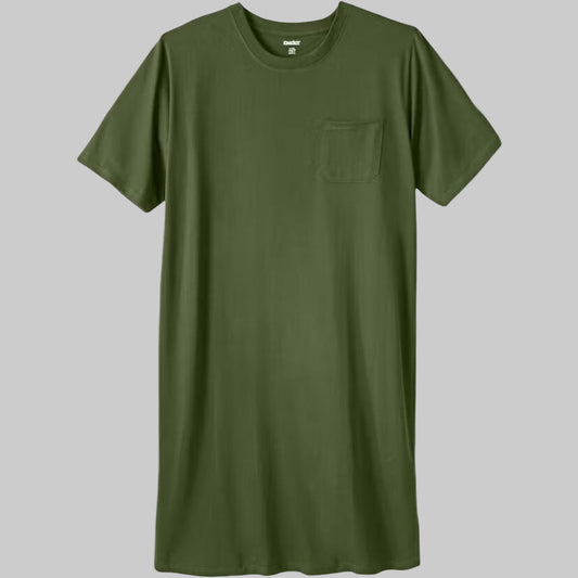 Forest green cotton nightshirt laid on wooden surface showing relaxed fit