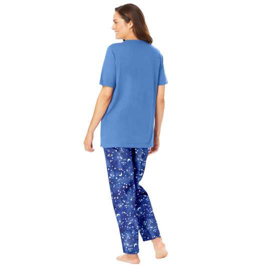 Women’s French Blue Tie Dye Moon pajama set with short-sleeve graphic tee and coordinating elastic waist printed pants, made from breathable cotton.