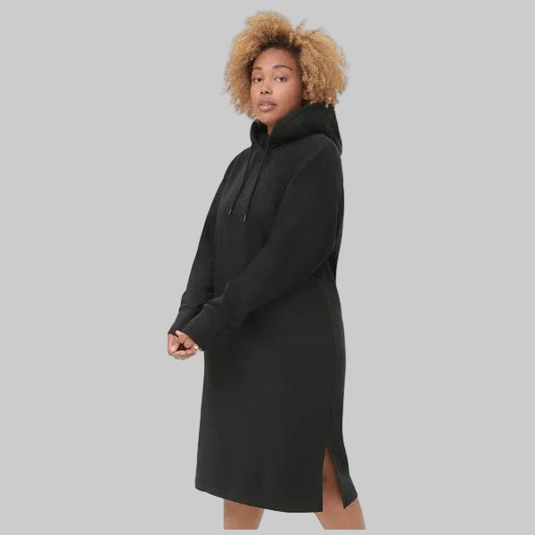 Black hooded sweatshirt dress with drawstring hood, long sleeves, and side slits,