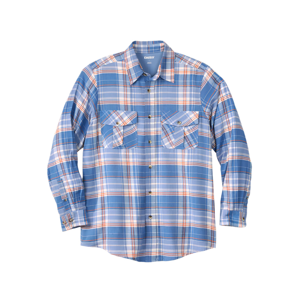 French blue plaid flannel shirt with button-flap chest pockets and classic collar, made from soft cotton flannel.