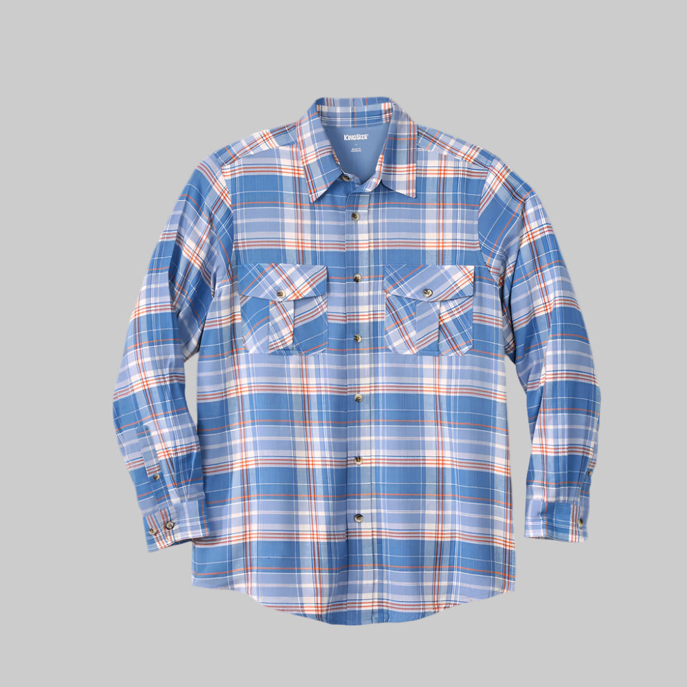 French blue plaid flannel shirt with button-flap chest pockets and classic collar, made from soft cotton flannel.