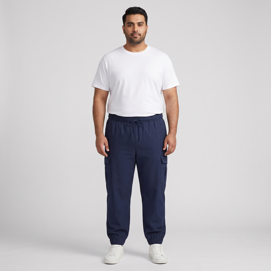 Navy Twill Cotton Plus-Size Cargo Joggers PSM-9553