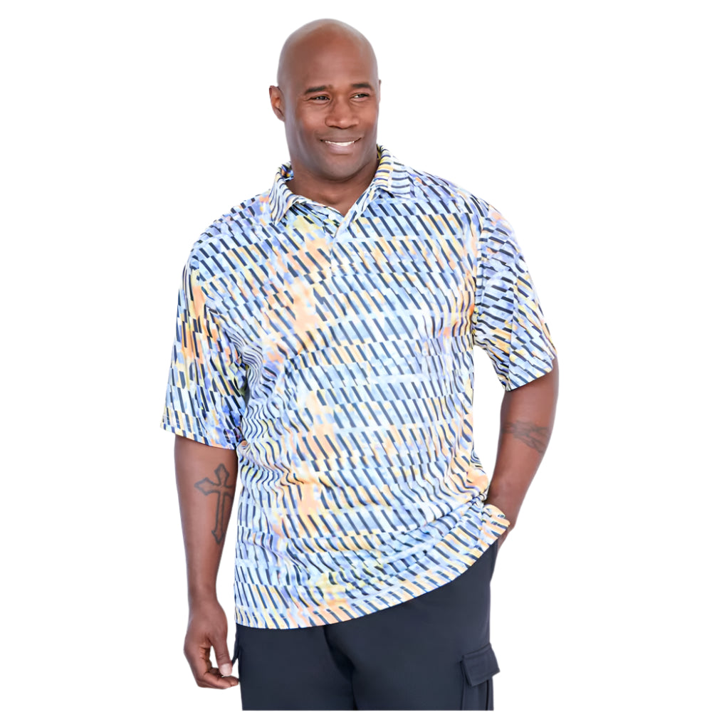 Geo Cloud print moisture-wicking polo shirt with three-button placket