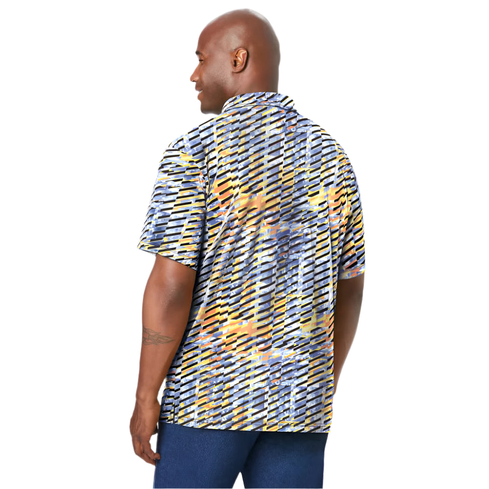 Geo Cloud print moisture-wicking polo shirt with three-button placket