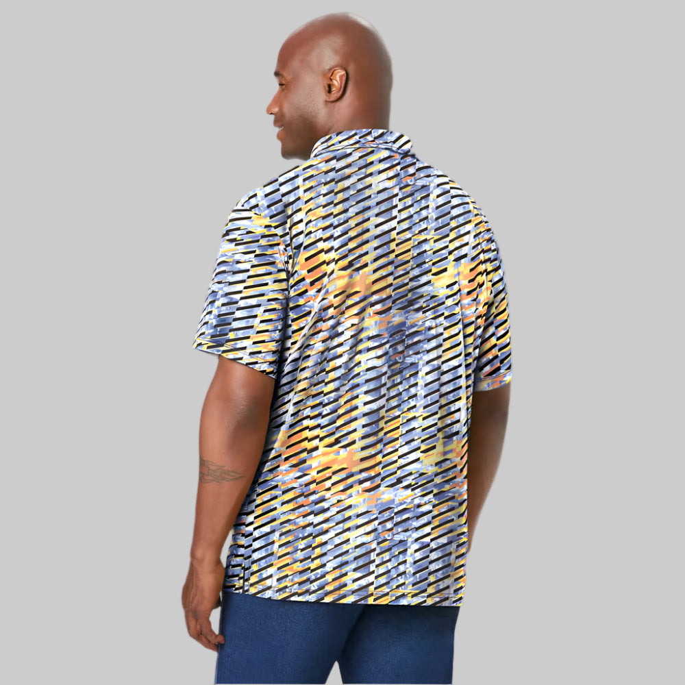 Geo Cloud print moisture-wicking polo shirt with three-button placket