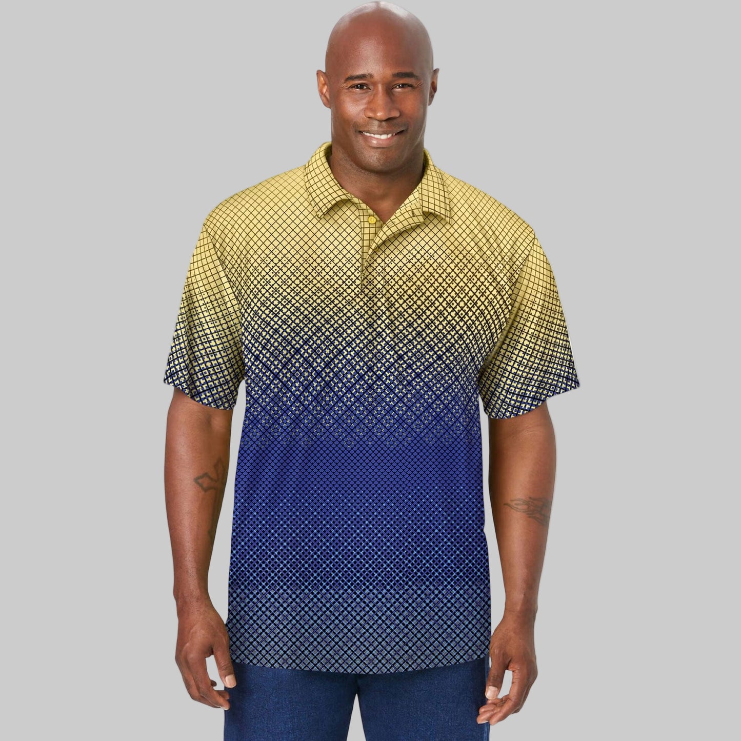 Geo ombre moisture-wicking polo shirt with gradient print and three-button placket