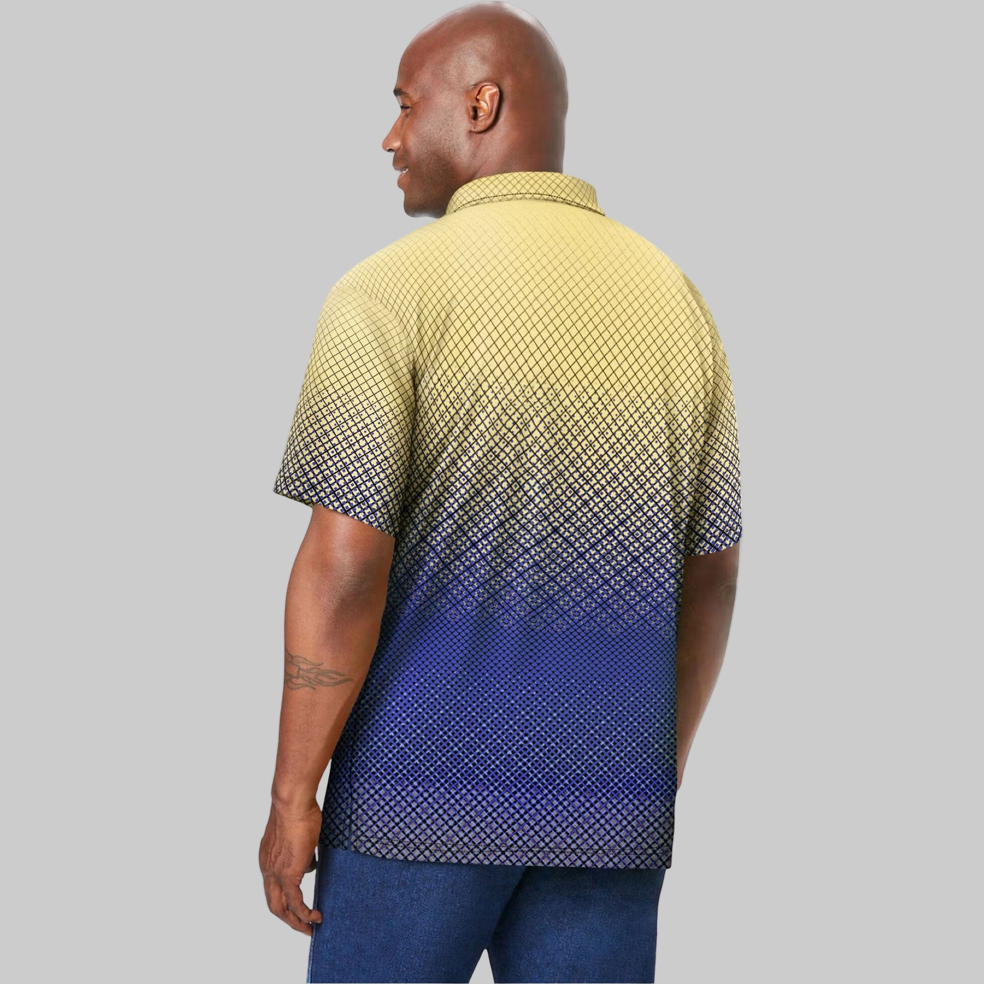 Geo ombre moisture-wicking polo shirt with gradient print and three-button placket