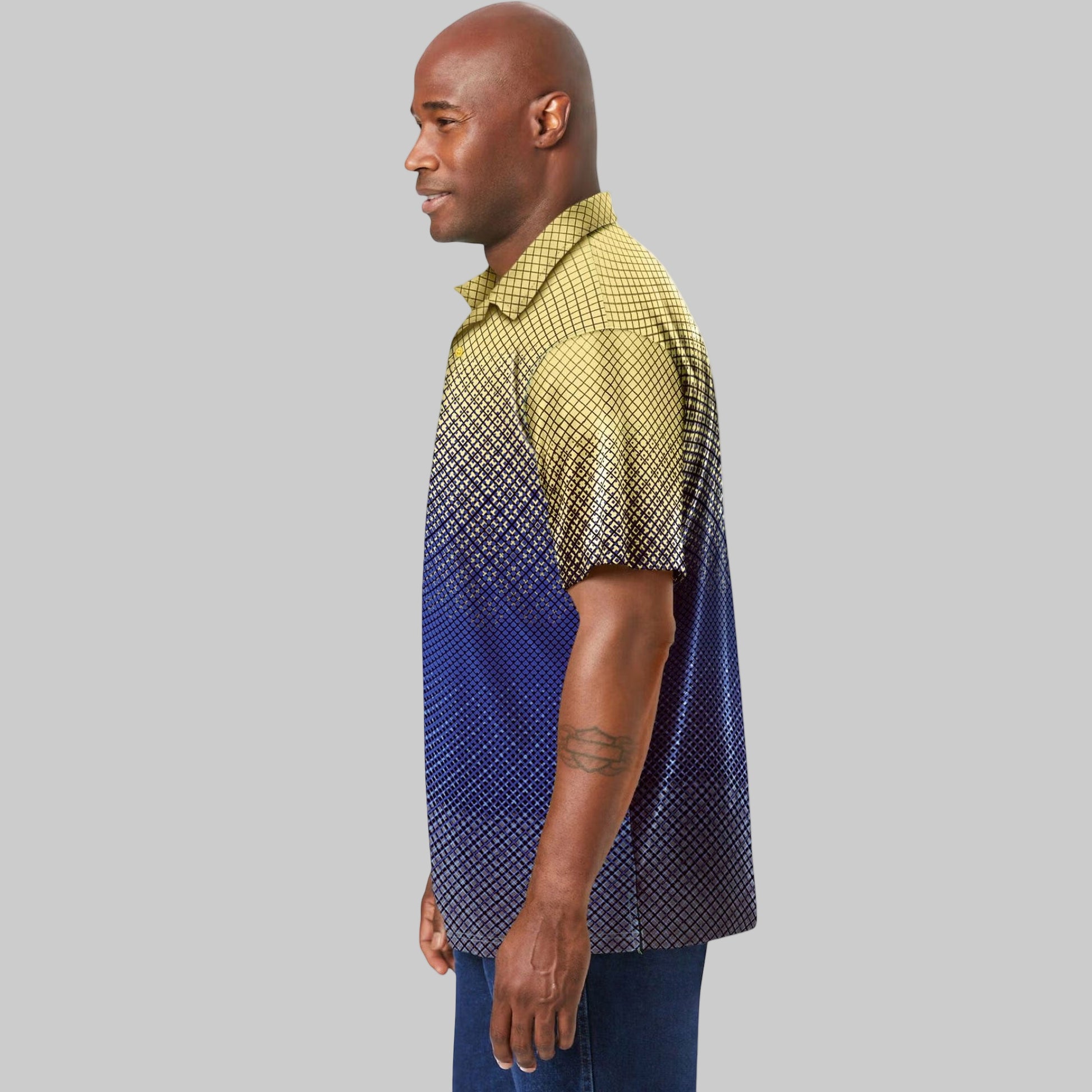 Geo ombre moisture-wicking polo shirt with gradient print and three-button placket