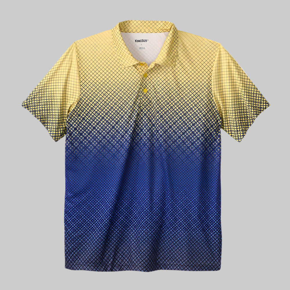 Geo ombre moisture-wicking polo shirt with gradient print and three-button placket