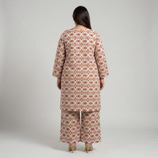 Woman wearing a patterned kurta with palazzo pants on a plain background