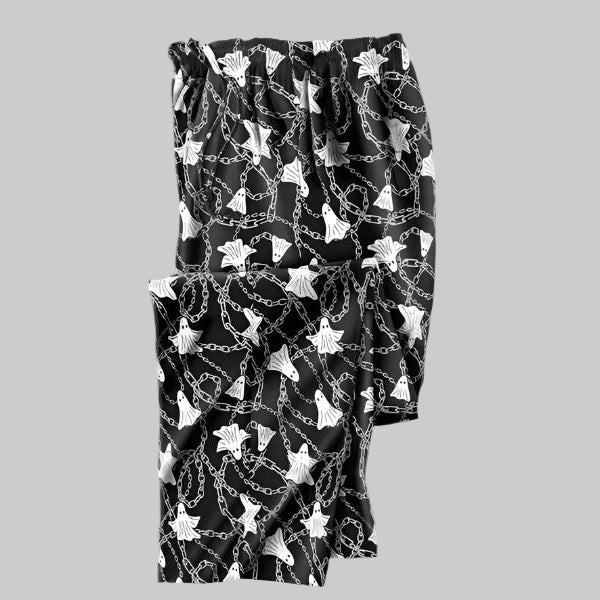 Plus size ghost chain print flannel pajama pants with drawstring waist, button fly, and side pockets – cotton sleepwear for men