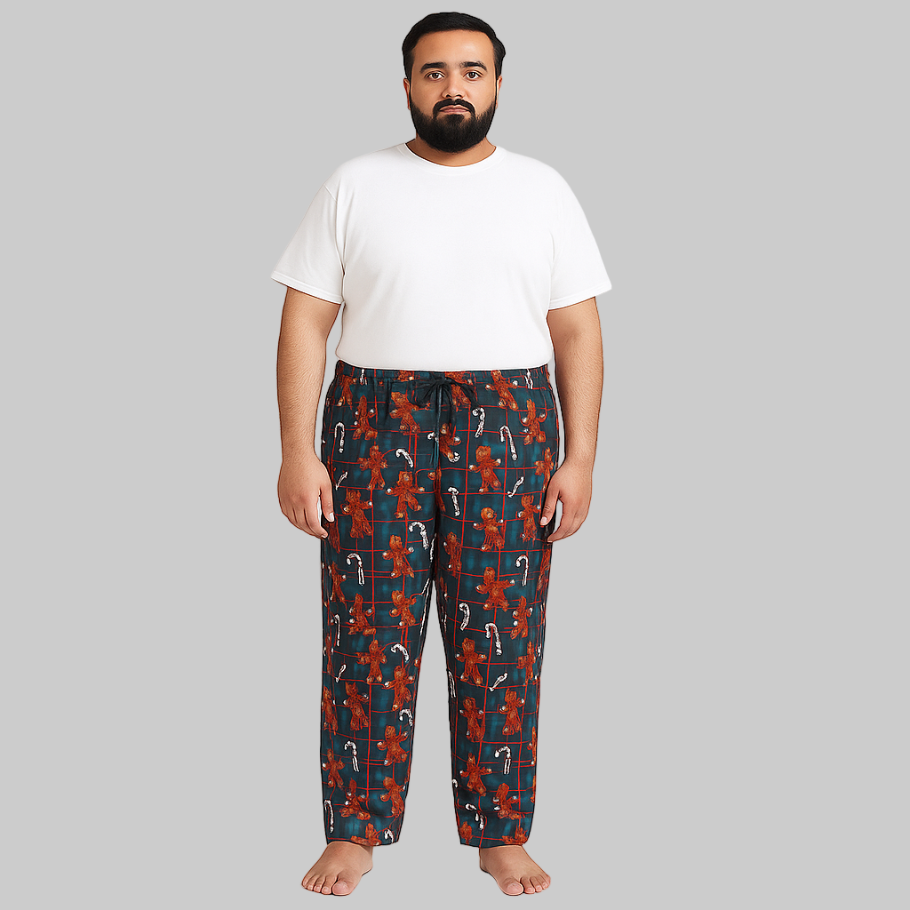 Men’s Gingerbread Man flannel pajama pants with drawstring waist, side pockets, and festive holiday print.