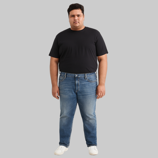 Glowing Medium Wash Classic Stretch Jeans with straight-leg cut, zip fly, and 5-pocket styling in stretch denim.