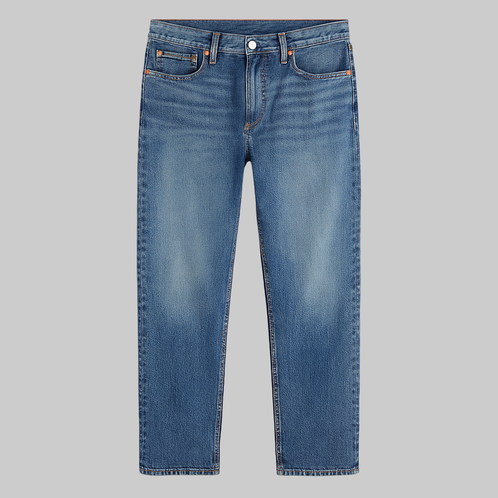 Glowing Medium Wash Classic Stretch Jeans with straight-leg cut, zip fly, and 5-pocket styling in stretch denim.