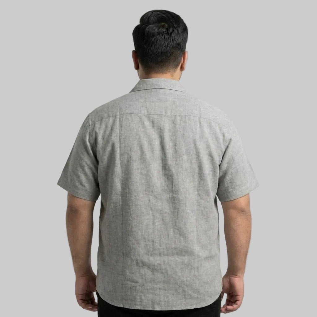 Shop the Gray Textured Cuban Collar Chambray Shirt with half sleeves, offering lightweight comfort and effortless casual style for everyday wear.